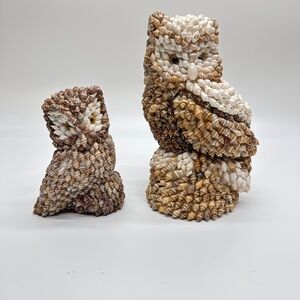 Vintage mid century set of 2 Shell-Covered Owl‎ Figurine - Brown and White
